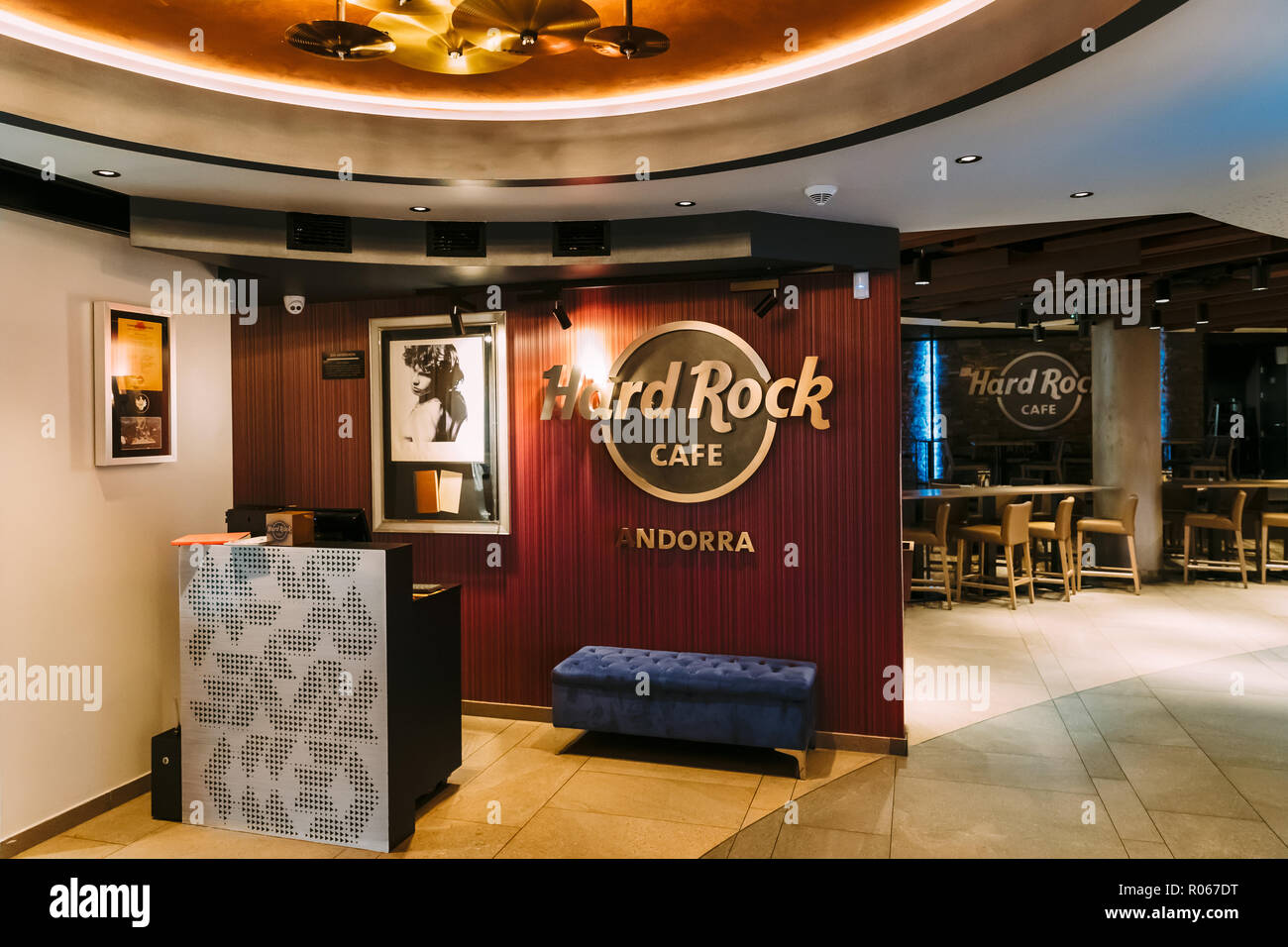 Andorra, Andorra - May 15, 2018: Inside Of Hard Rock Cafe. Hard Rock Cafe Inc. Is A Chain Of Theme Restaurants Founded In 1971 By Isaac Tigrett And Pe Stock Photo