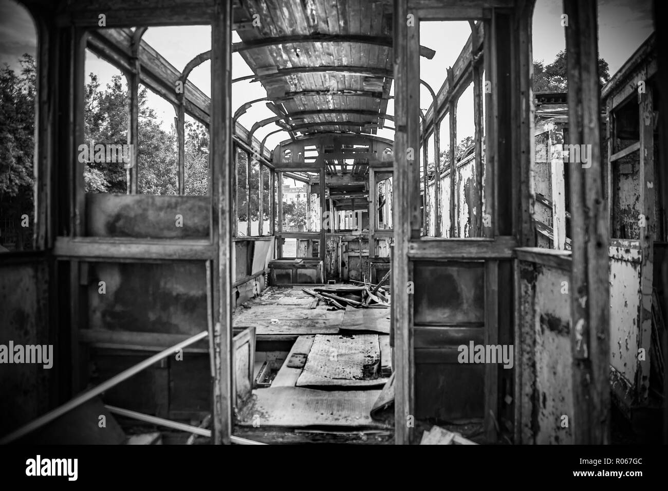 Abandoned and derelict trams in the city of Wroclaw, Poland. Stock Photo