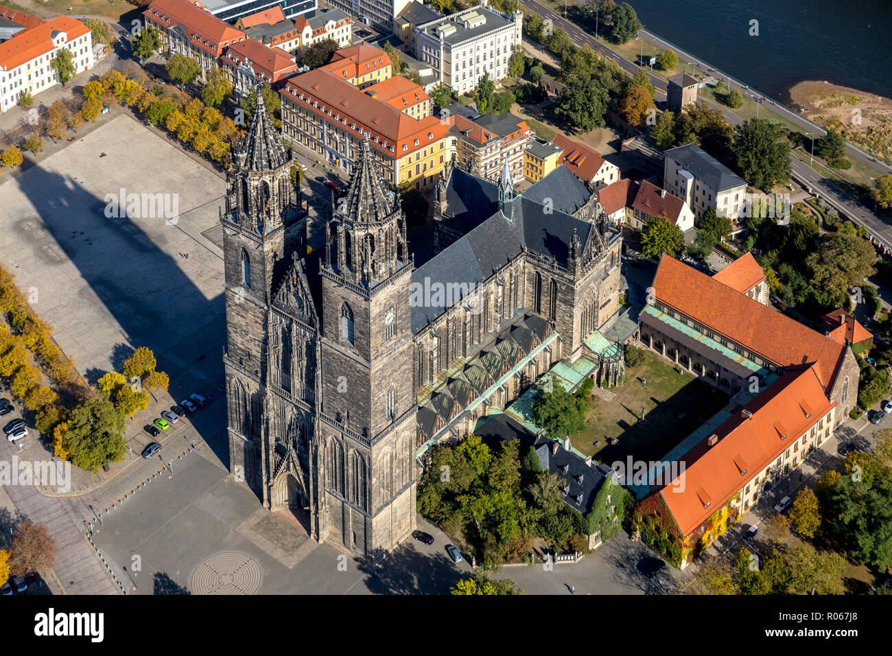 Aerial view, Cathedral of Magdeburg, Cathedral Square next to Ministry of Justice and Equality of Saxony-Anhalt, Magdeburg-Altstadt, Magdeburg, Saxony Stock Photo