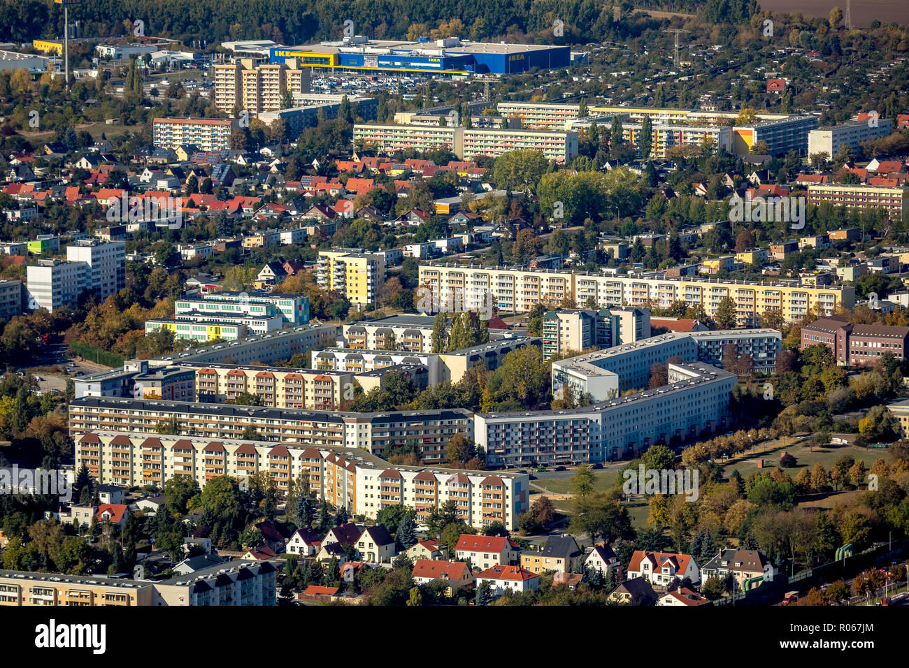 Aerial View, Housing Development New Olvenstedt, Magdeburg, Sachsen-Anhalt, Germany, DEU, Europe, aerial view, birds-eyes view, aerial photography, ae Stock Photo
