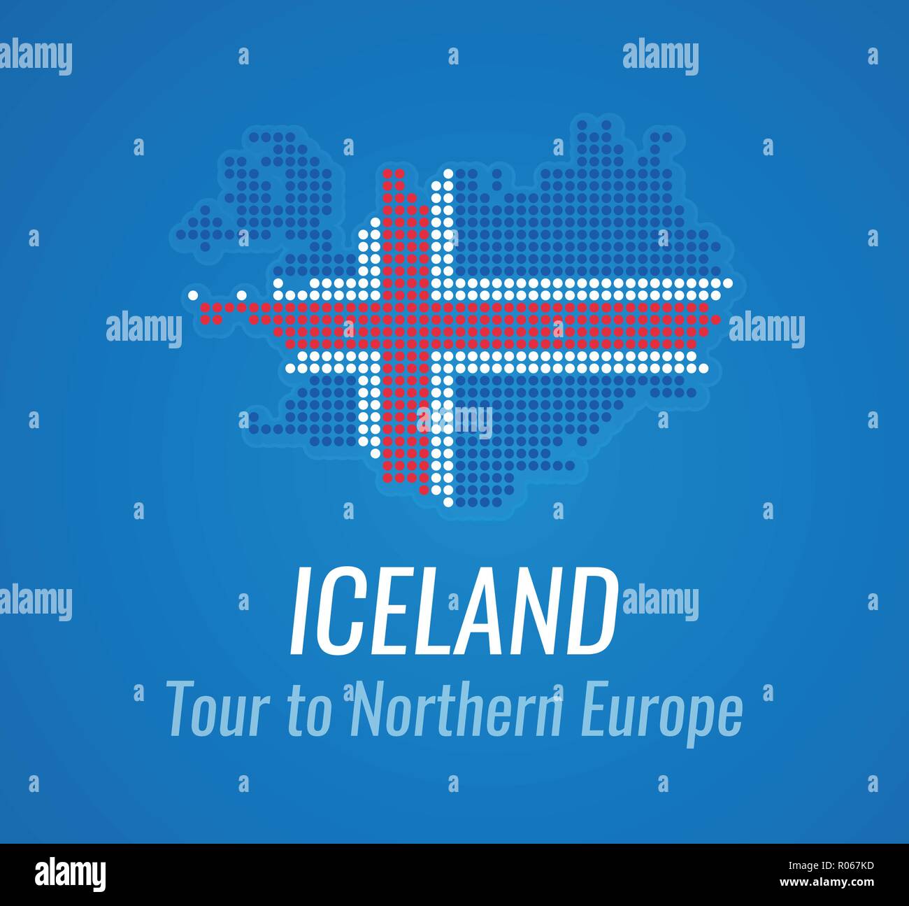 Vector map silhouette of Iceland with caption and tagline - Map of Dots in color of Icelands flag on blue color. Stock Vector