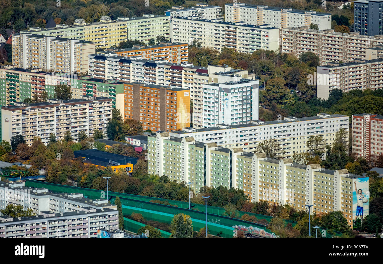 Aerial view, high-rise settlement Kannenstieg, Magdeburg, Saxony-Anhalt, Germany, DEU, Europe, aerial view, birds-eyes view, aerial photography, aeria Stock Photo