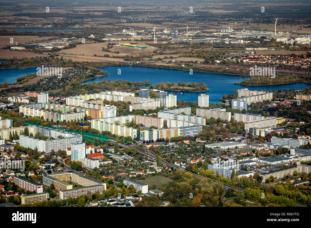 Aerial view, high-rise settlement Kannenstieg, Magdeburg, Saxony-Anhalt, Germany, DEU, Europe, aerial view, birds-eyes view, aerial photography, aeria Stock Photo