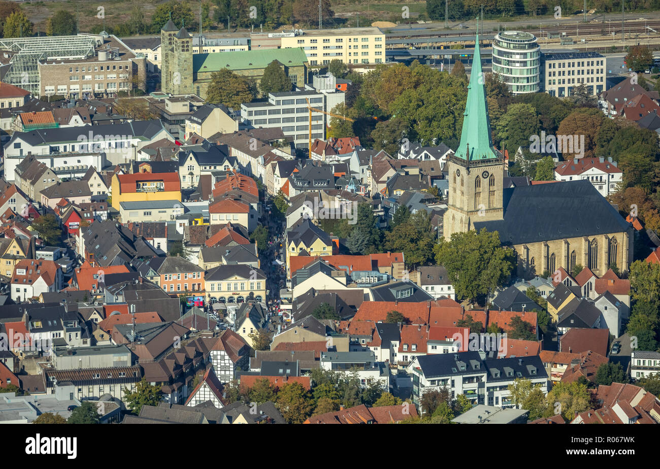 Aerial View, Overview of Unna-Mitte, the city center, city ring square with special edition and Protestant town church, Unna, Ruhr, Nordrhein-Westfale Stock Photo