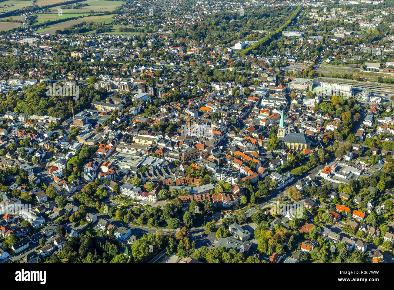 Aerial View, Overview of Unna-Mitte, the city center, city ring square with special edition and Protestant town church, Unna, Ruhr, Nordrhein-Westfale Stock Photo