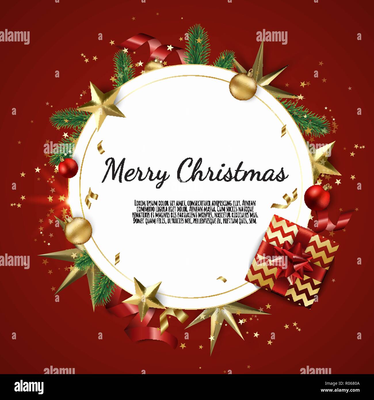 Vector Merry Christmas And Happy New Year background with golden star, balls, fir tree branches, snowflakes Stock Vector
