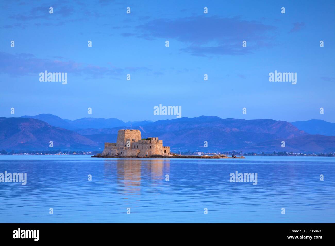 Bourtzi Castle at sunrise, Nafplio, Argolis, The Peloponnese, Greece, Europe Stock Photo