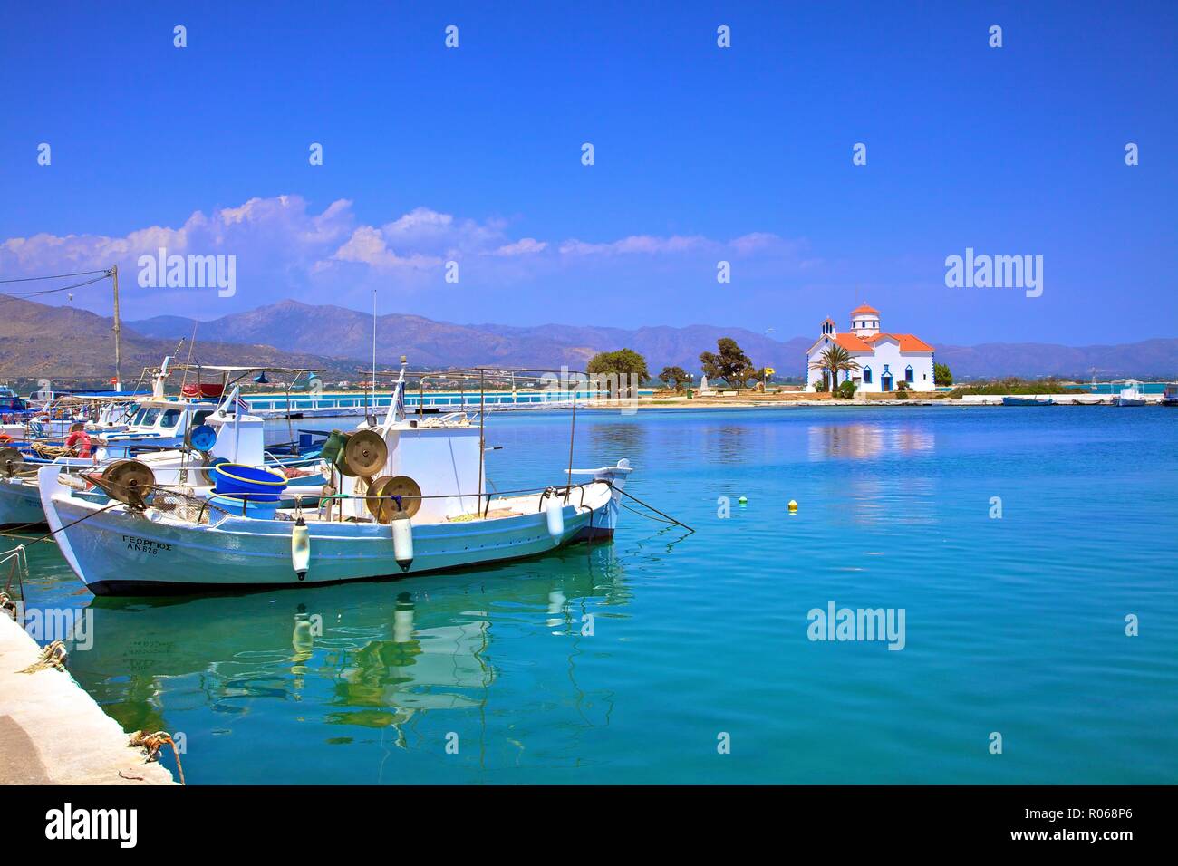 The Harbour and Agios Spyridon Church, Elafonisos Island, Laconia, The Peloponnese, Greece, Europe Stock Photo