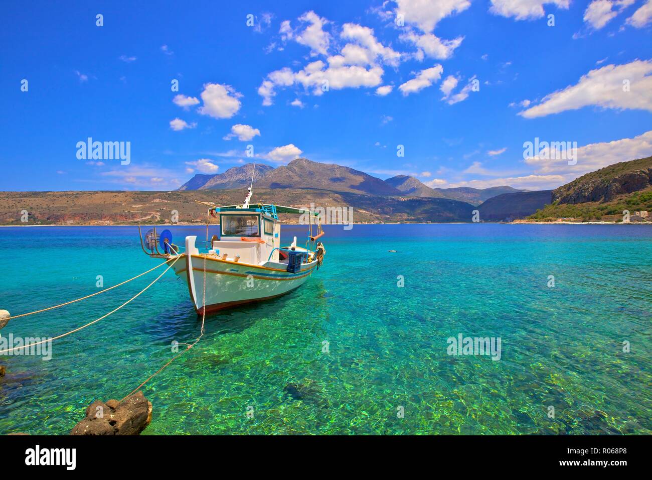 Fishing boat, Limeni, Mani Peninsula, The Peloponnese, Greece, Europe Stock Photo