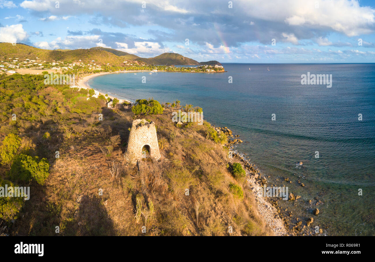 Panoramic of Cades Bay and ruin of old sugar mill, Antigua and Barbuda, Leeward Islands, West Indies, Caribbean, Central America Stock Photo