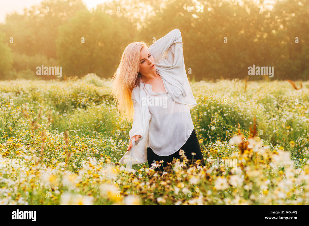 Portrait of young girl dancing in chamomile field under the rain Stock ...