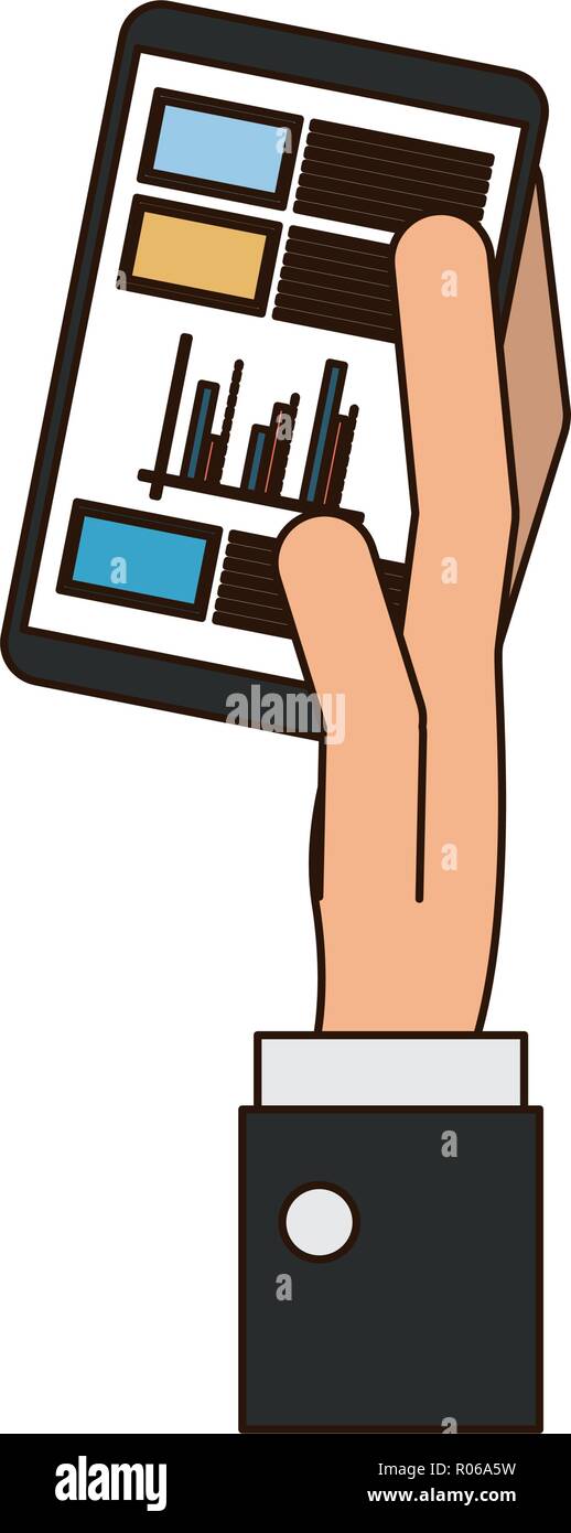 Hand holding business graph on smartphone isolated vector illustration ...