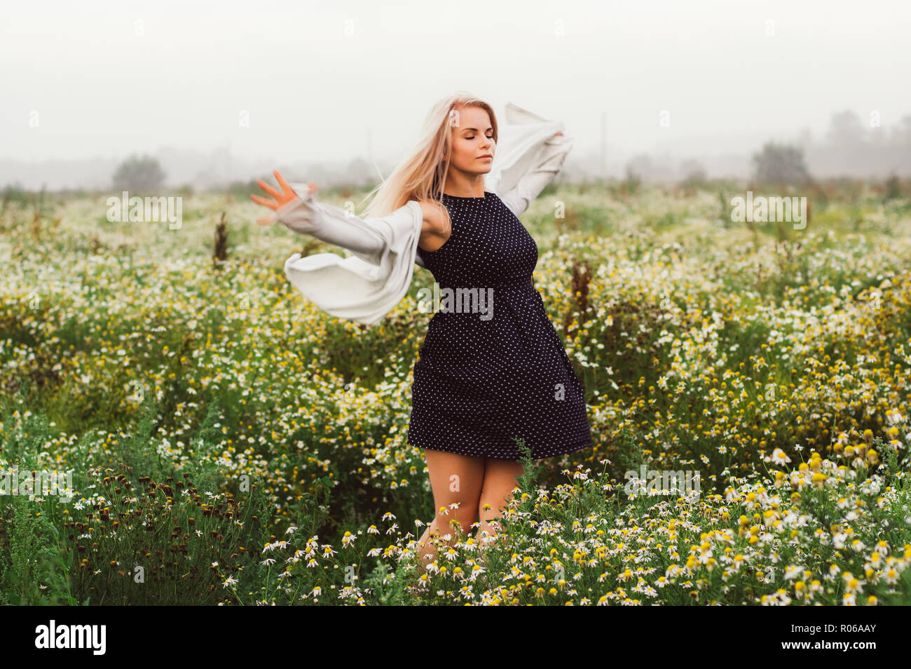 Portrait of young girl dancing in chamomile field in sunrise Stock ...