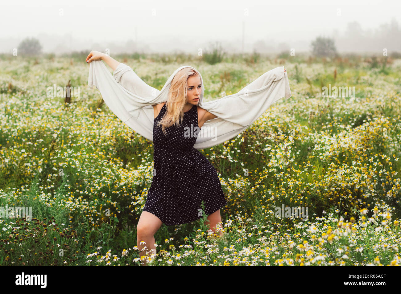 Portrait of young girl dancing in chamomile field in sunrise Stock ...
