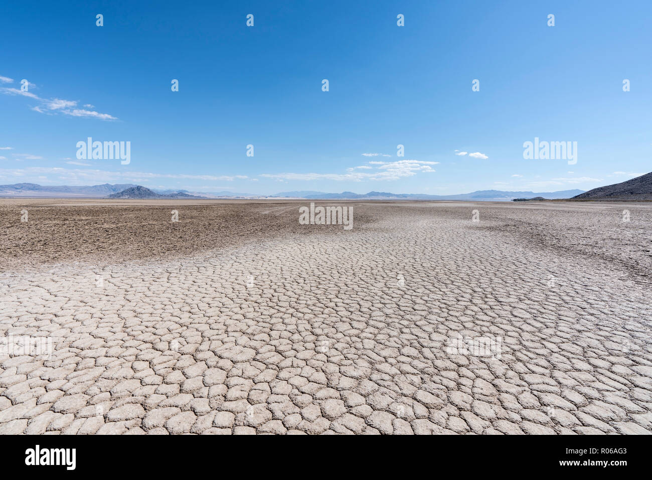 Dry desert lake in the Mojave National Preserve near Zzyzx California. Stock Photo
