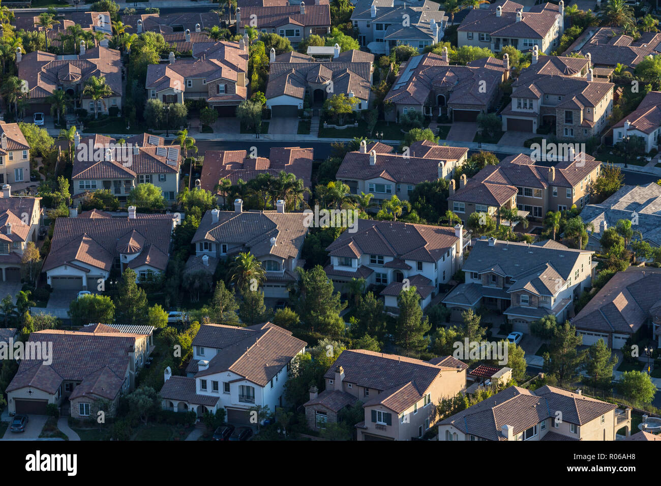 Later afternoon aerial view of modern hillside housing in the Porter