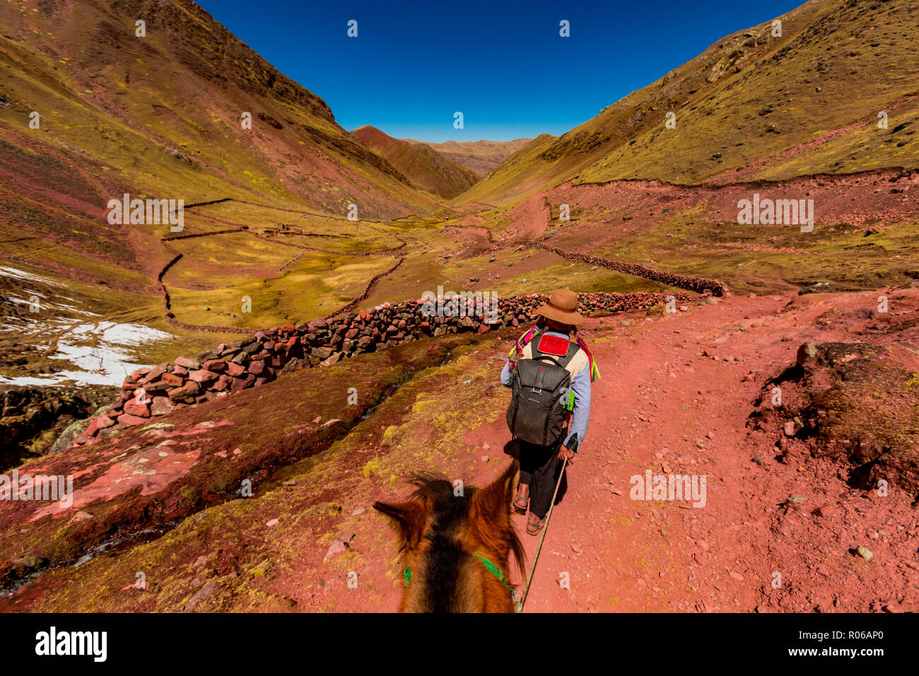Hiking across the Rainbow Mountain chain in the Andes, Peru, South America Stock Photo