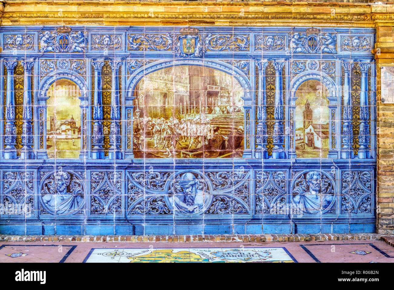 Traditional Spanish tile ornament at a public square Plaza de Espana in