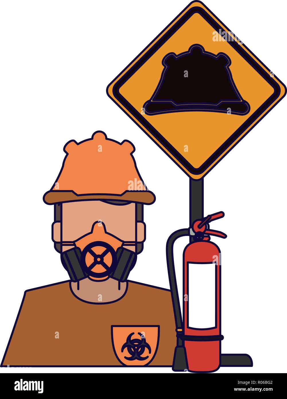 Worker with construction tools and road sign vector illustration graphic design Stock Vector