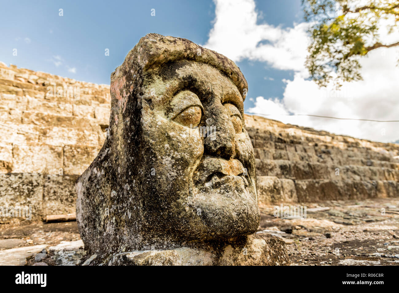 A face carving of Pauahtun in East Court at the Copan Ruins, UNESCO World Heritage Site, Copan, Honduras, Central America Stock Photo