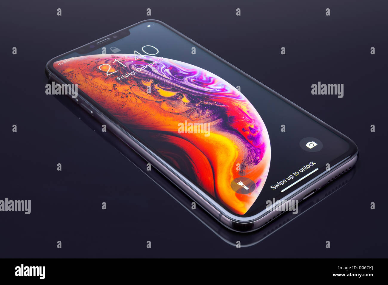 Galati, Romania - October 26, 2018: Apple launch the new smartphone iPhone XS and iPhone XS Max. iPhone Xs Max on black background. Stock Photo