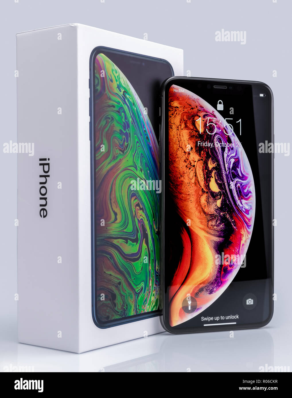 Galati, Romania - October 26, 2018: Apple launch the new smartphone iPhone XS and iPhone XS Max. iPhone Xs Max on white background. Stock Photo