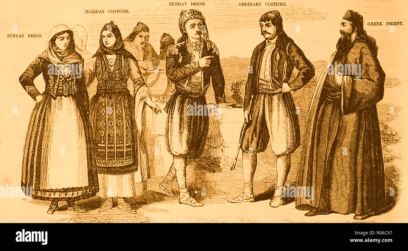 1859- How people dressed in Corfu, Greece on different occasions including clergy Stock Photo