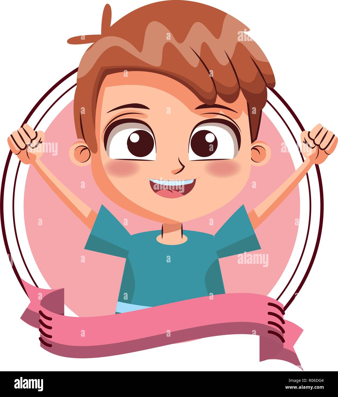 Happy Boy Kid Cartoon Round Frame With Blank Ribbon Banner Vector