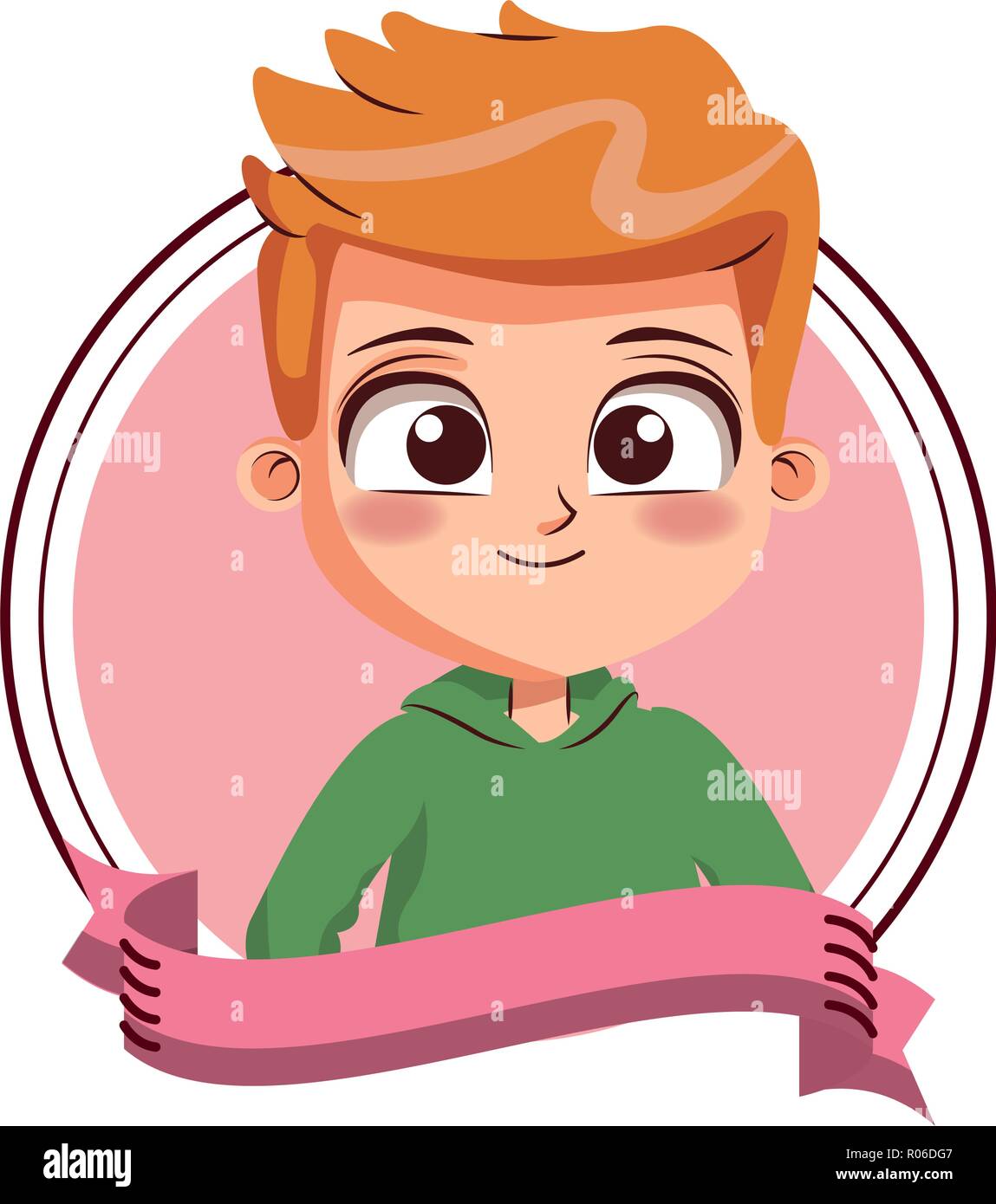 Happy Boy Kid Cartoon Round Frame With Blank Ribbon Banner Vector