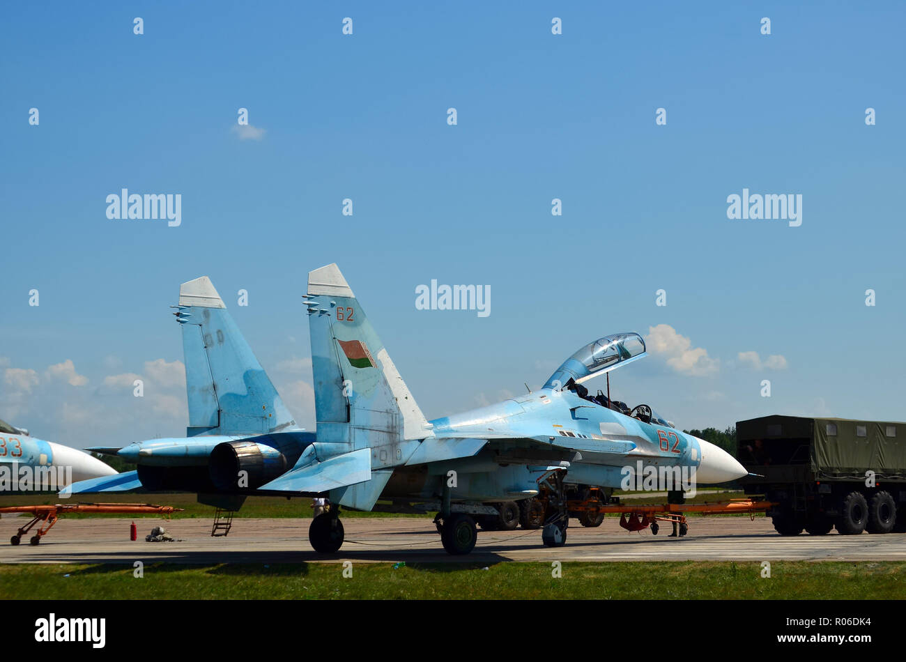 Belarus, 61st fighter airbase Baranovichi. August 15, 2018: Sukhoi Su-27  Flanker Front-Line Fighter Aircraft Parking Stock Photo - Alamy