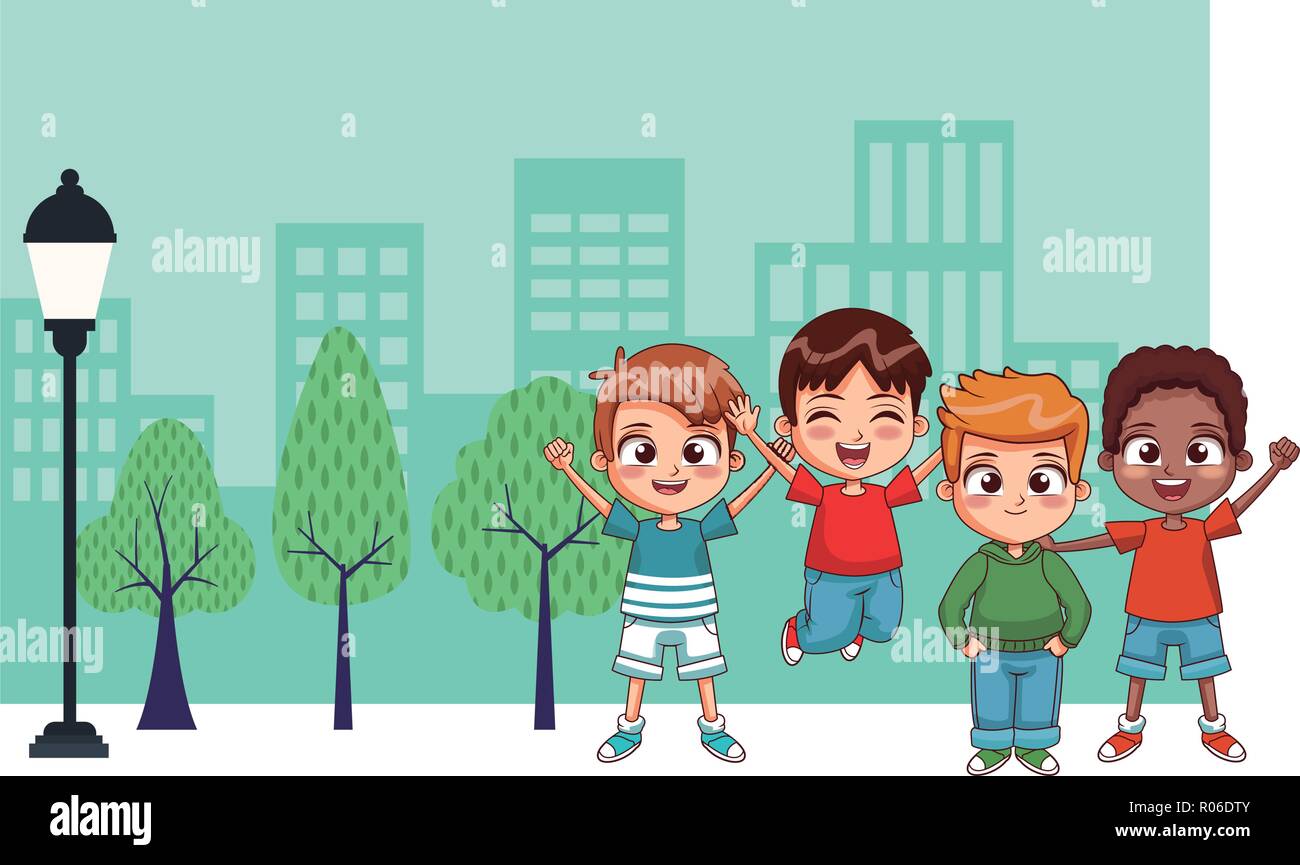 Happy friends kids playing at city scenery cartoons vector ...