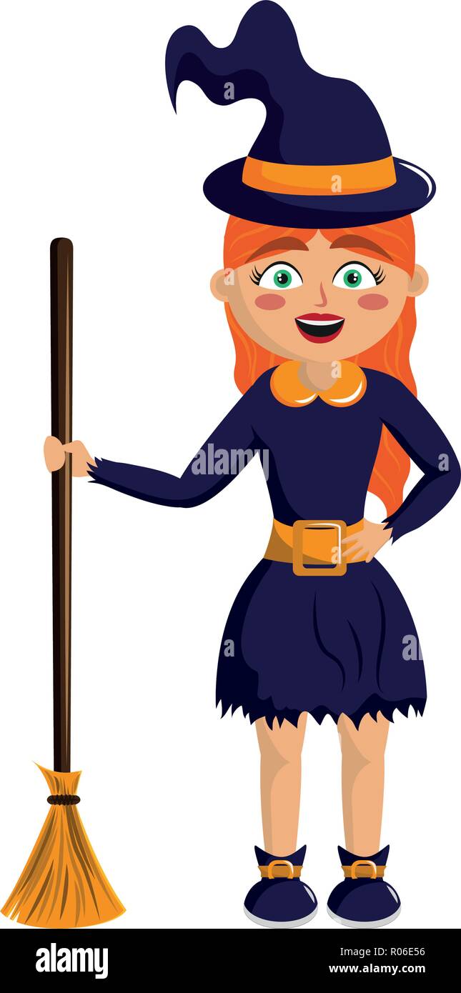 Halloween girl with witch costume and broom vector illustration graphic ...