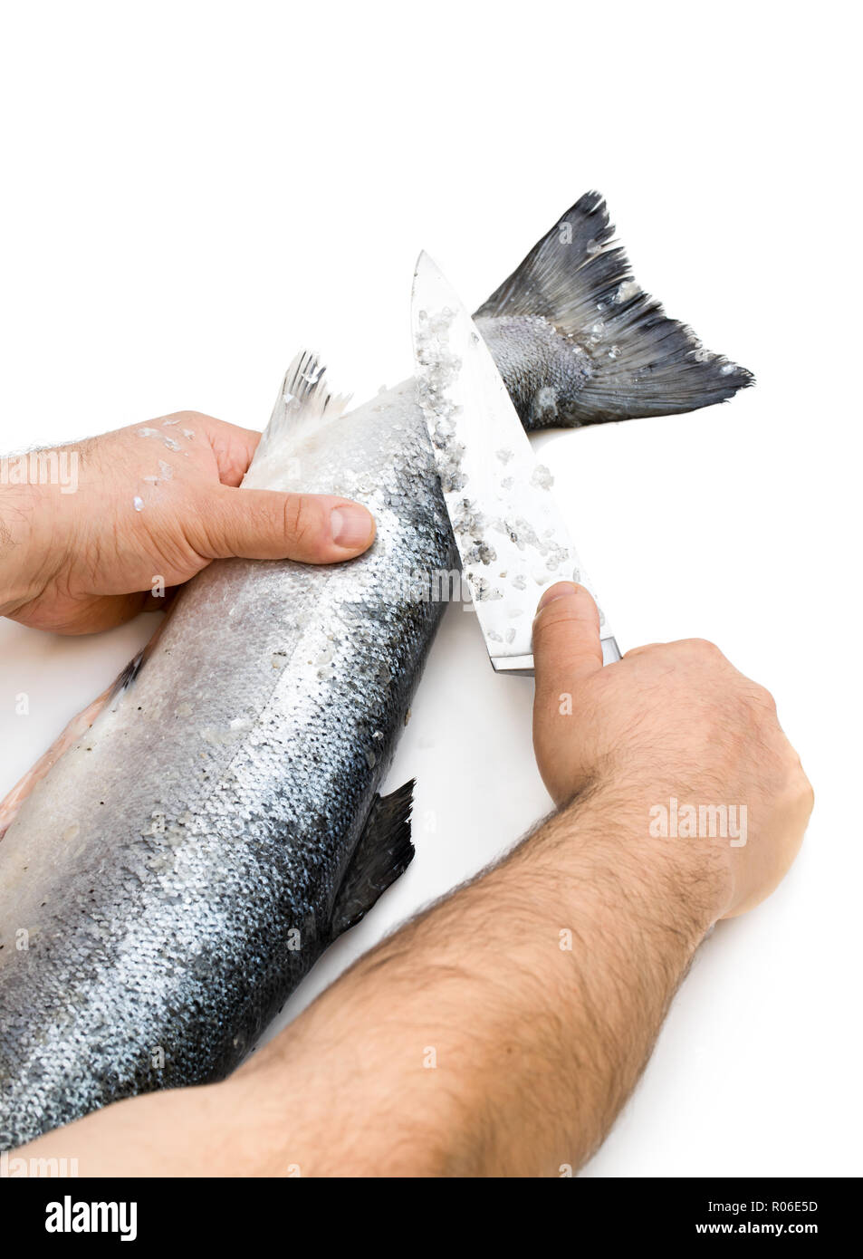 Peeling fish from scales isolated on white Stock Photo Alamy