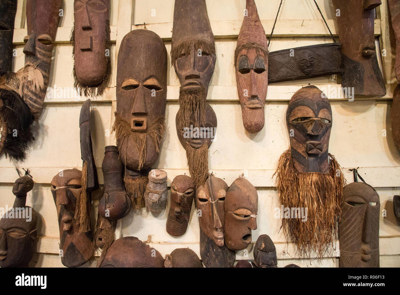 wooden masks in tourists shop in Kenya, Africa Stock Photo