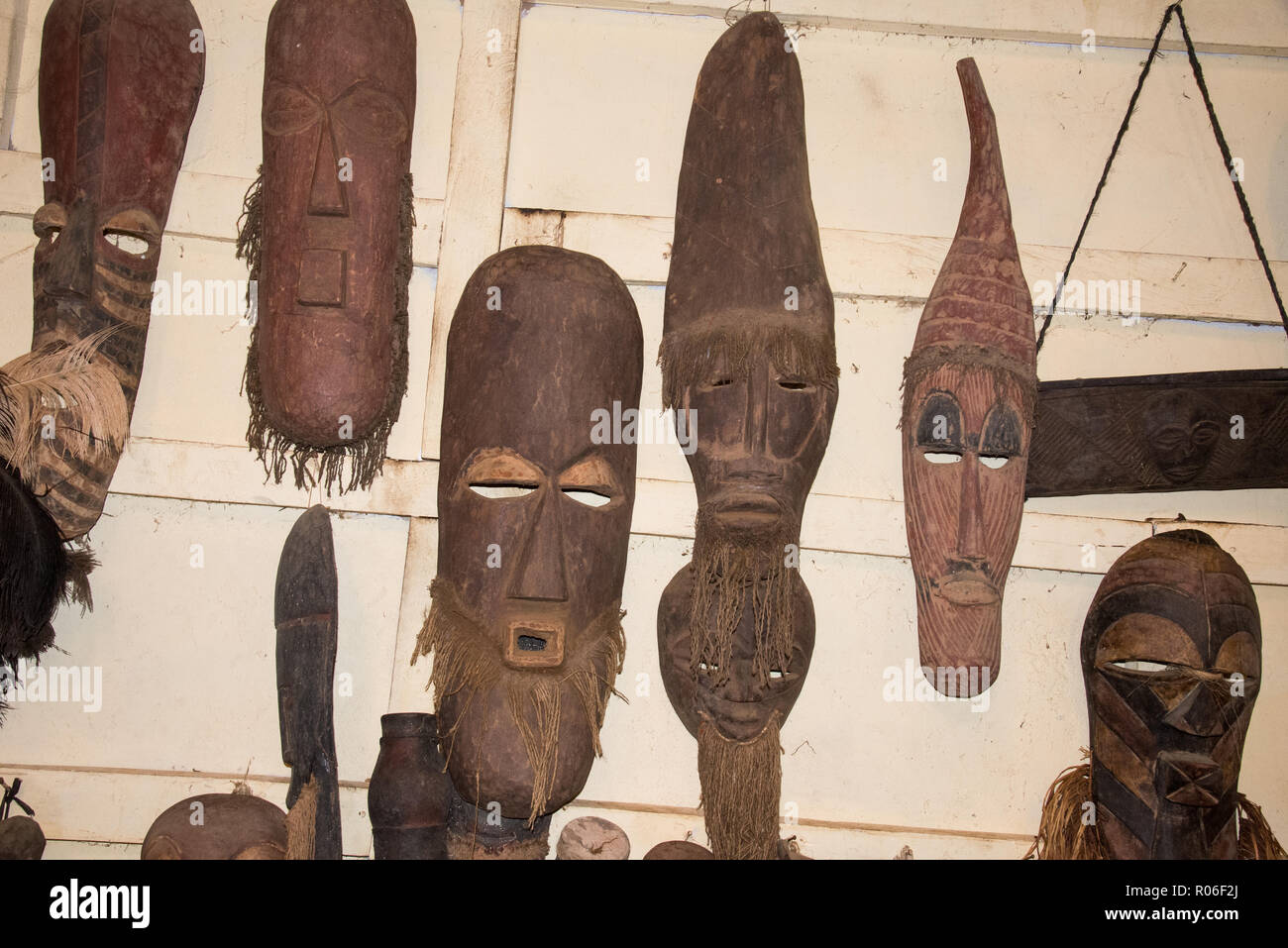 wooden masks in tourists shop in Kenya, Africa Stock Photo