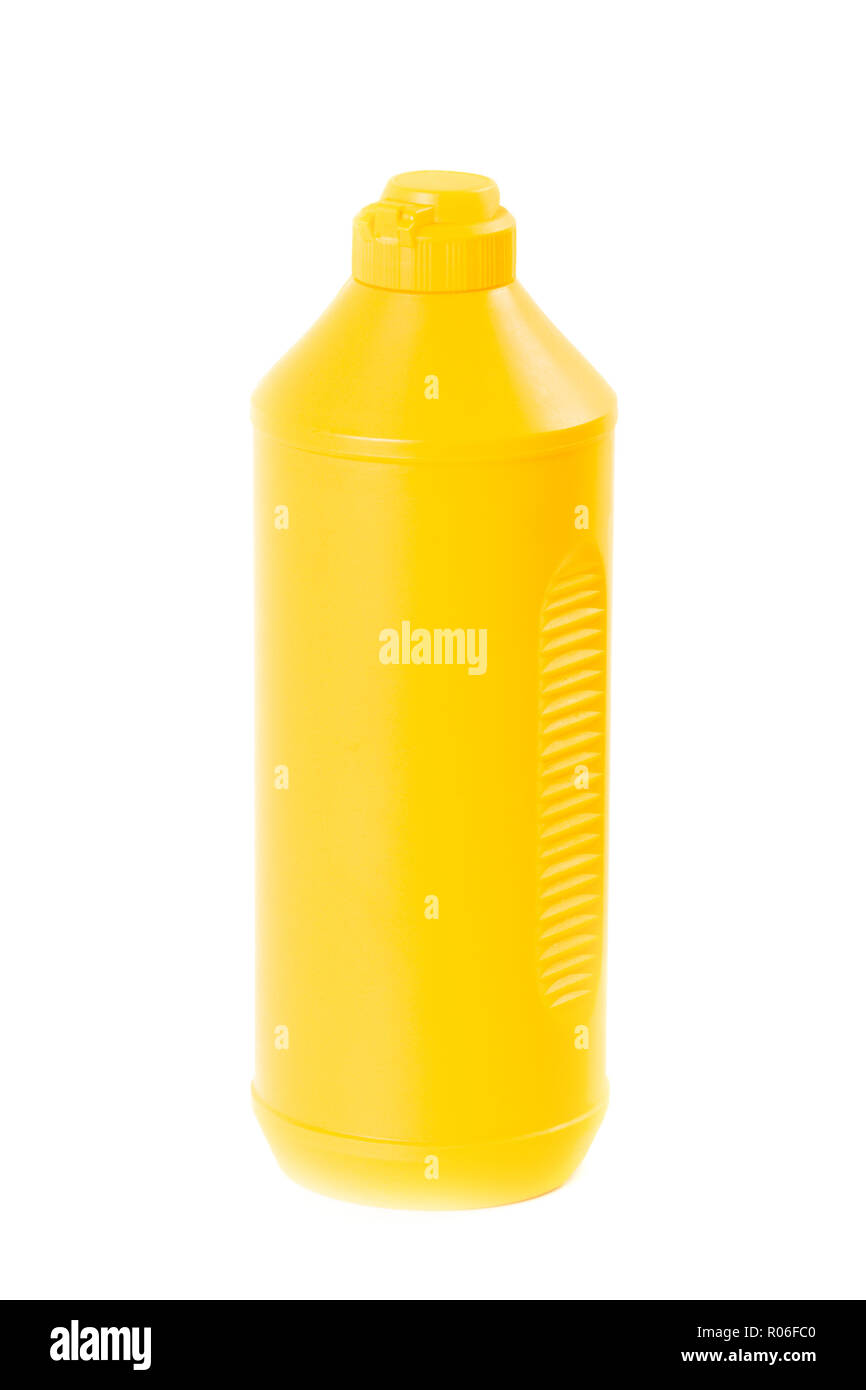 yellow bottle with dishcleaner isolated on white background Stock Photo