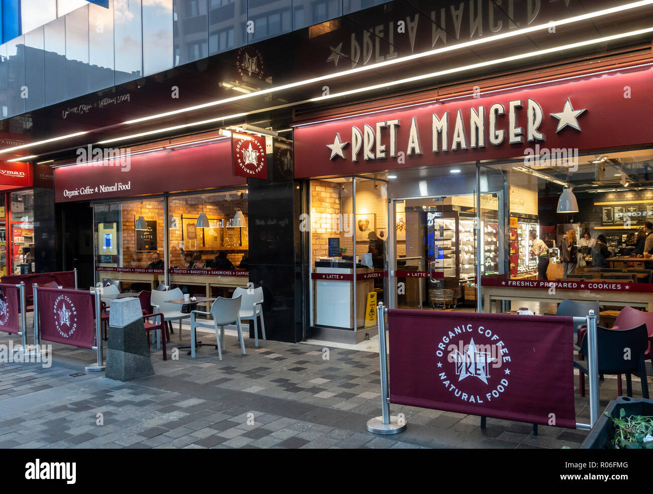 Exterior, entrance and window display of the Pret a Manger branch in central Glasgow, Scotland, UK Stock Photo