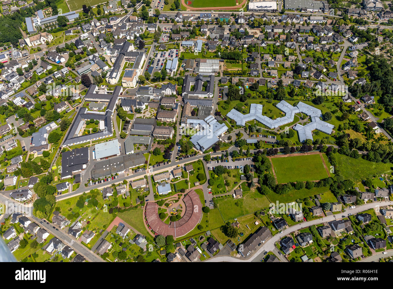 Aerial view, Elisabeth clinic in Olsberg city center, Olsberg, Sauerland, North Rhine-Westphalia, Germany, DEU, Europe, birds-eyes view, aerial view,  Stock Photo