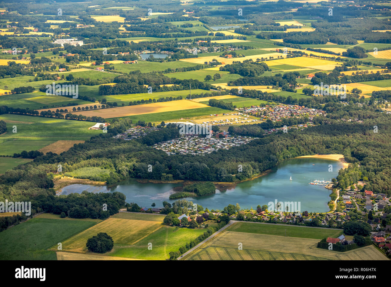 Lake, Camping Münsterland Eichendorf, Sassenberg, Münsterland, North Rhine-Westphalia, Germany, Europe, DEU, birds-eyes view, aerial view, aerial phot Stock Photo