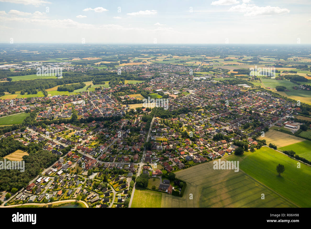 Aerial view, overview Sassenberg, Münsterland, North Rhine-Westphalia, Germany, Europe, Sassenberg, DEU, birds-eyes view, aerial view, aerial photogra Stock Photo