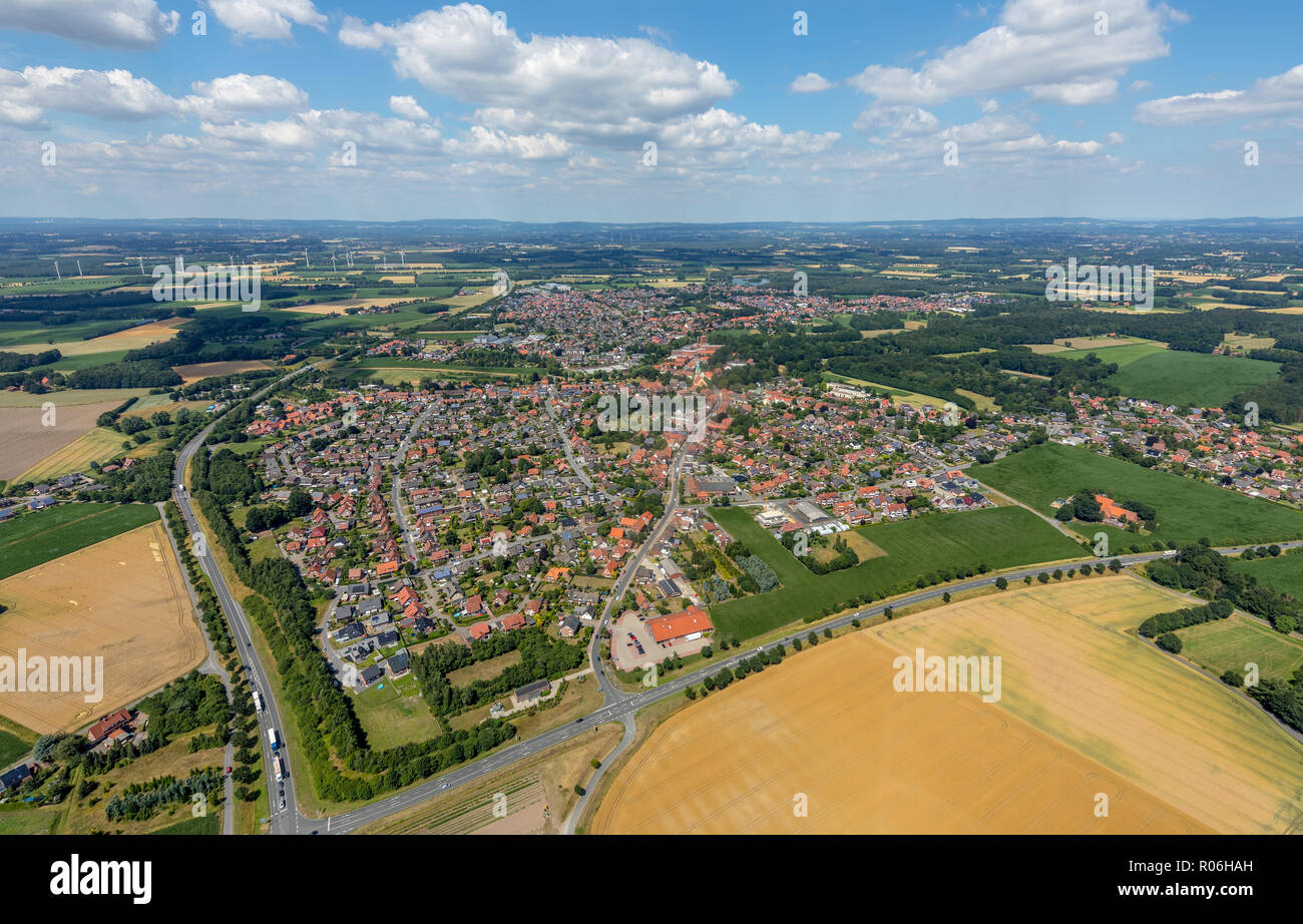 Aerial view, overview Sassenberg, corner B475, B513, Sassenberg, Münsterland, North Rhine-Westphalia, Germany, Europe, DEU, birds-eyes view, aerial vi Stock Photo