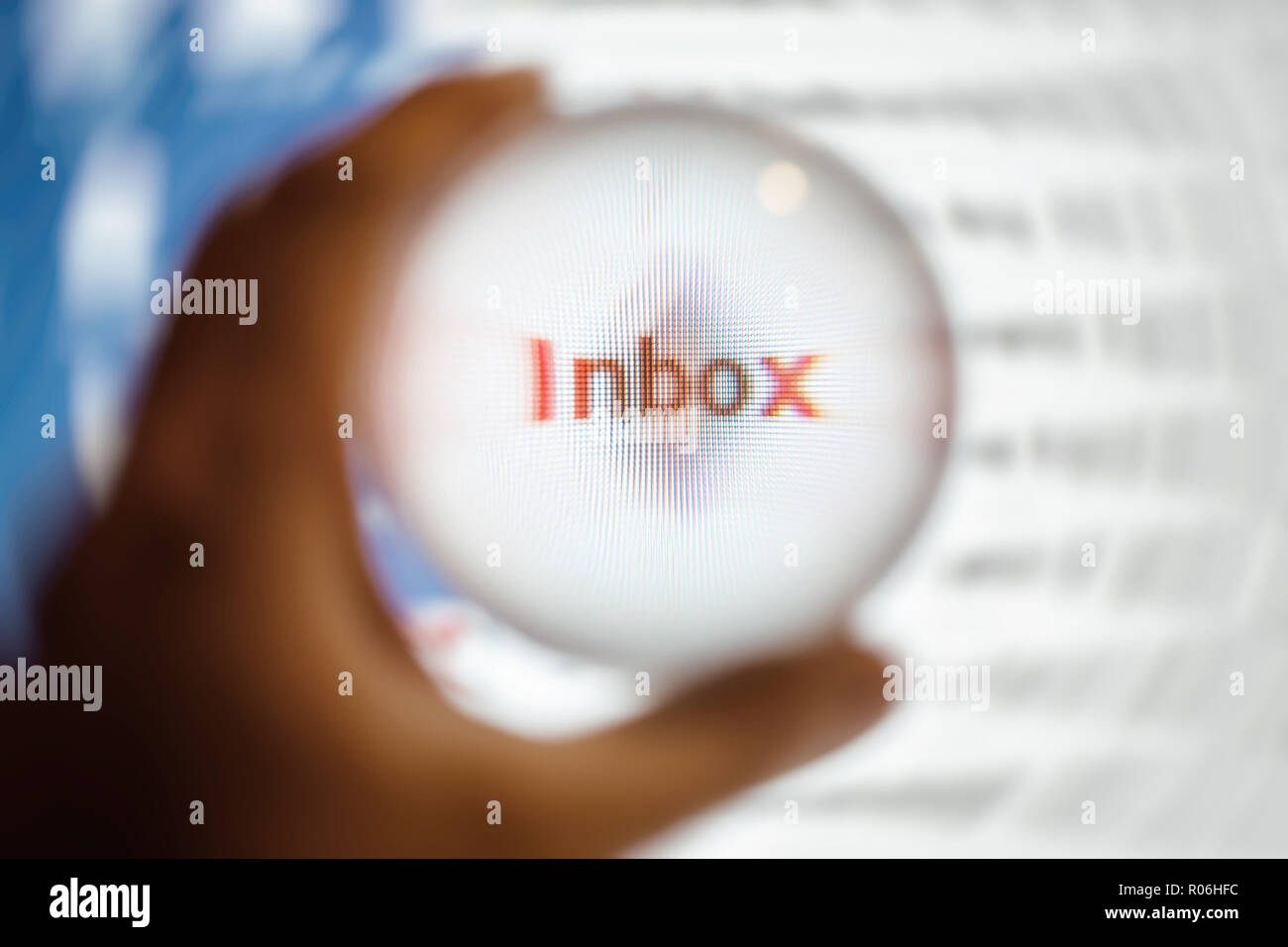 Crystal ball magnify screen word inbox, email concept. Stock Photo