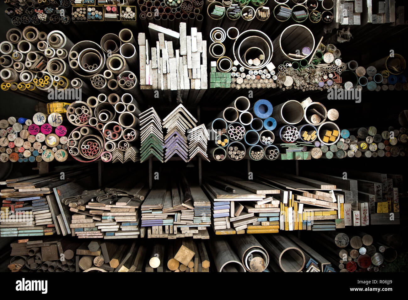 Close up various shape industrial steel products of metal profiles and