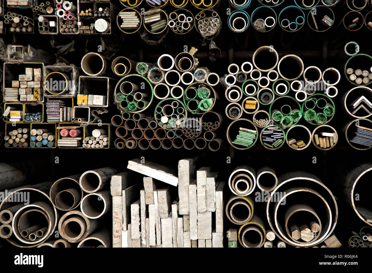 Close up various shape industrial steel products of metal profiles and