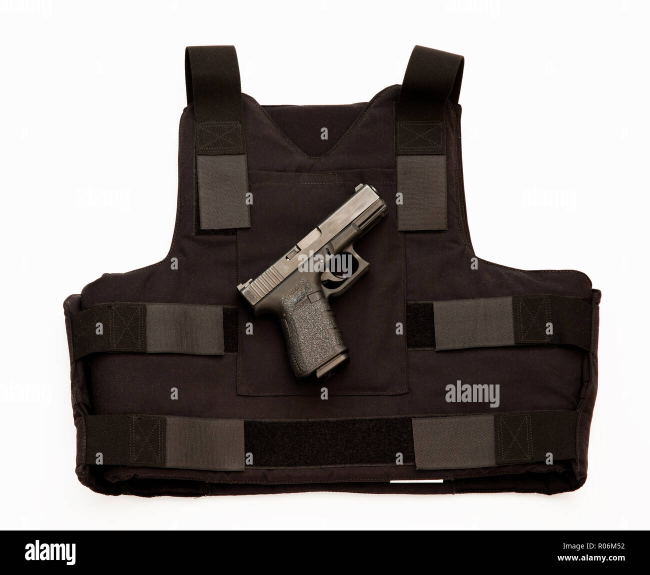 Glock semiautomatic pistol and bulletproof vest. Stock Photo