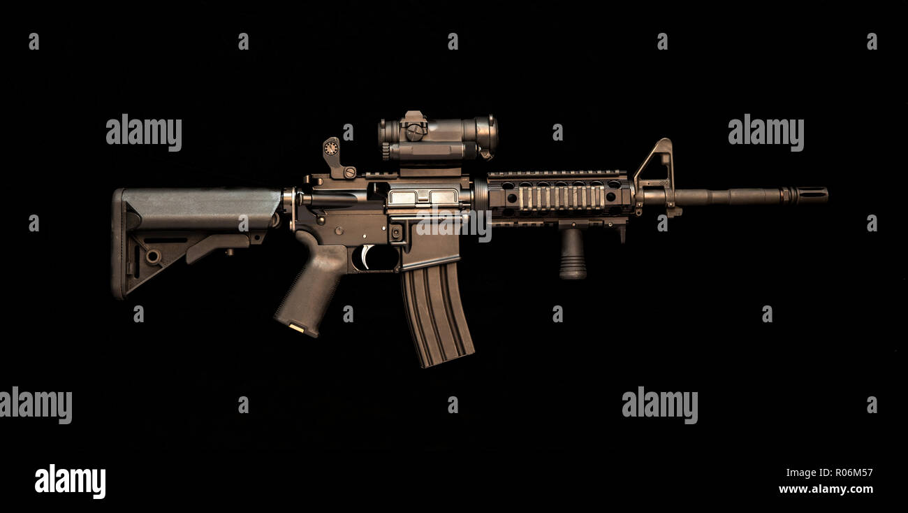 AR-15 assault rifle, also known as the M4 Carbine chambered in caliber 5.56mm (.223). Stock Photo
