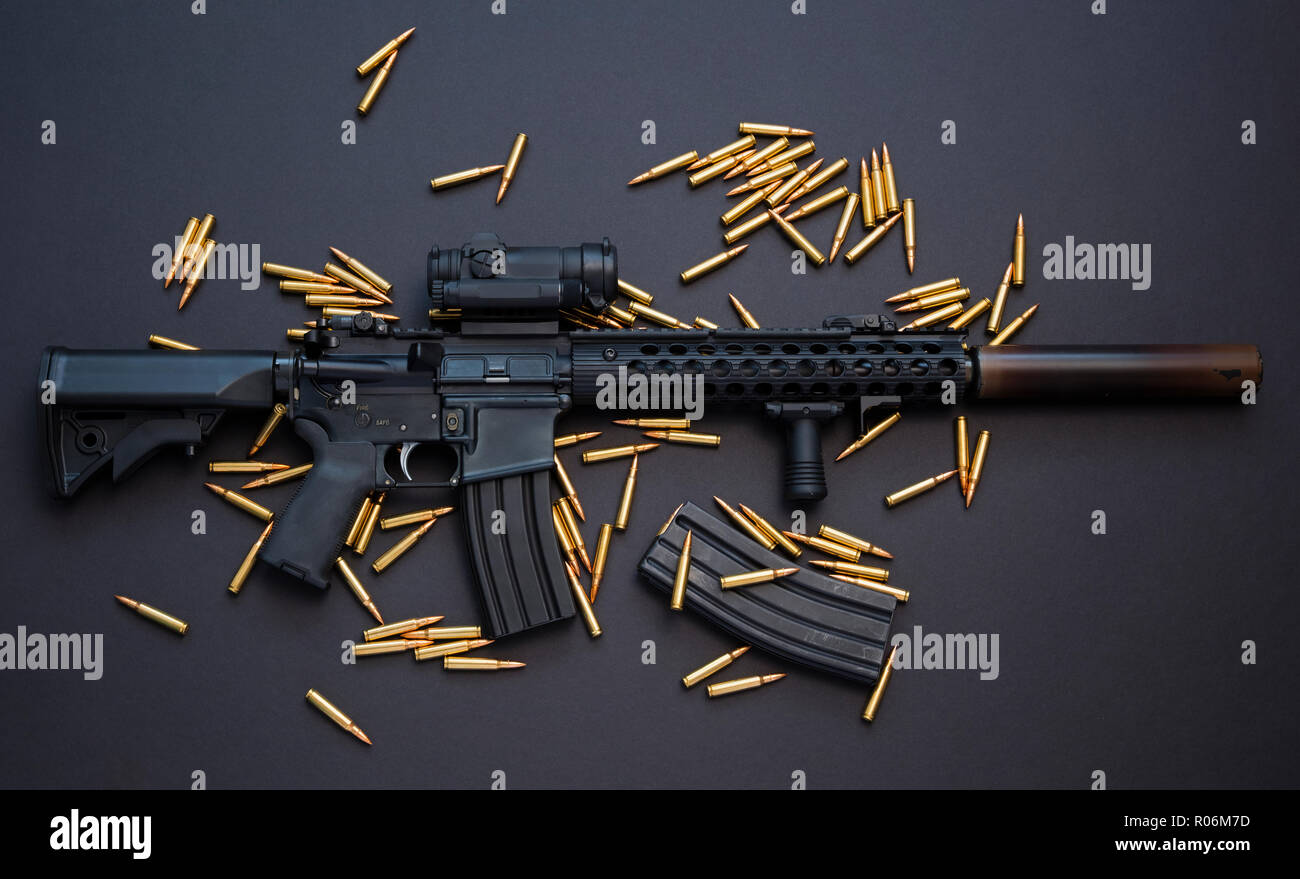 AR-15 assault rifle, also known as the M4 Carbine chambered in caliber 5.56mm (.223). Stock Photo