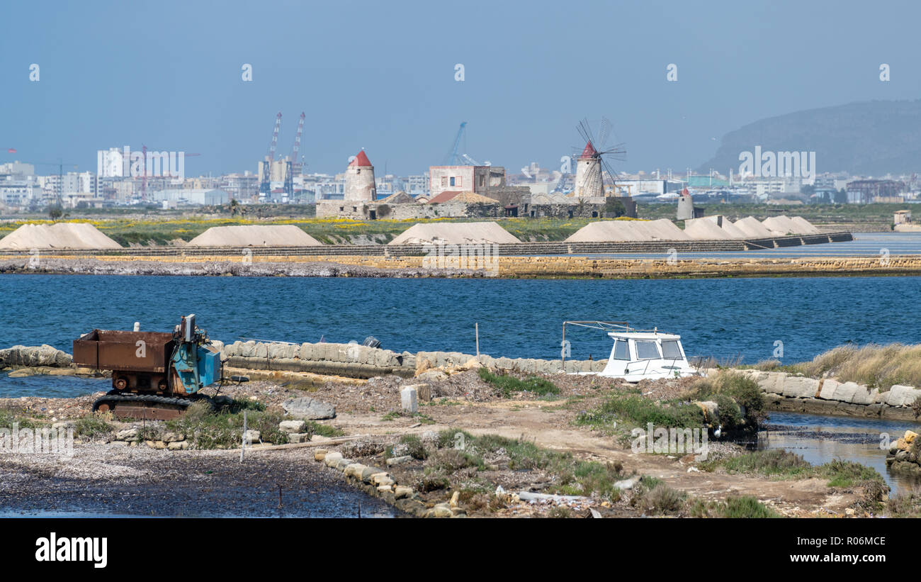View Across Lagoon from Salt Museum, Trapani, Sicily, Italy Stock Photo