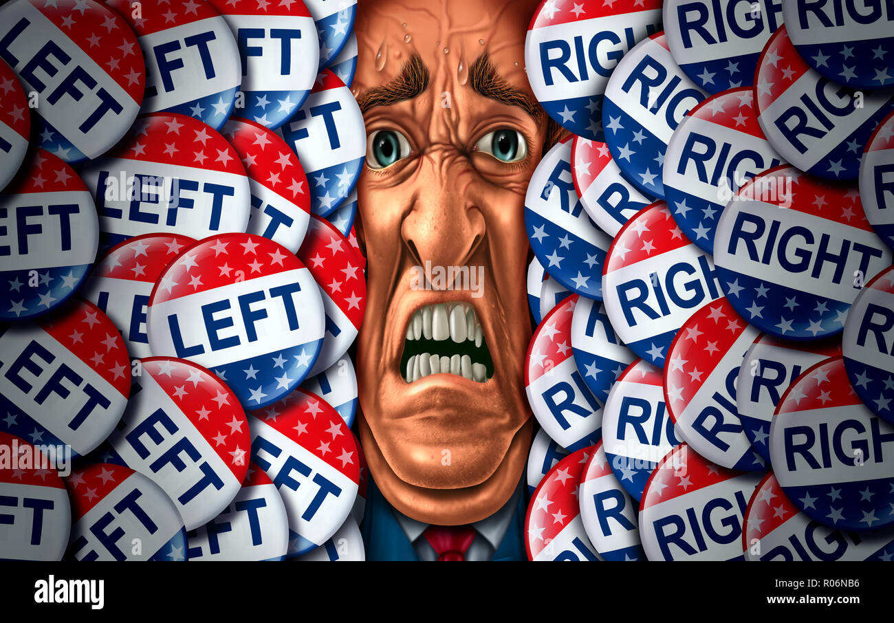 Voter stress and vote or voting psychological pressure concept as an election campaign psychology distress symbol with conservative and liberal. Stock Photo