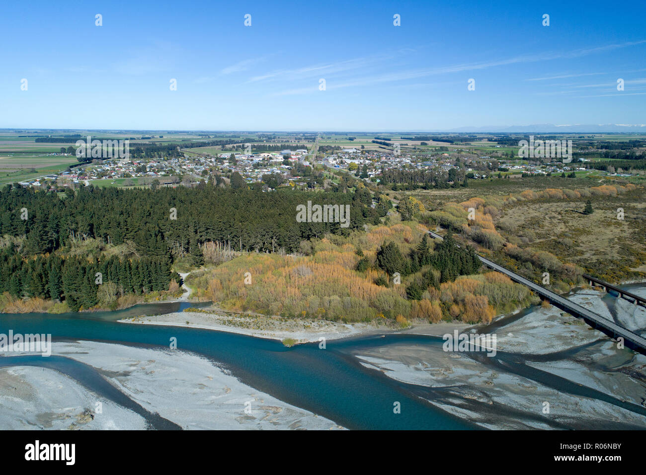 Rakaia River, and Rakaia township, Mid Canterbury, South Island, New Zealand - aerial Stock Photo
